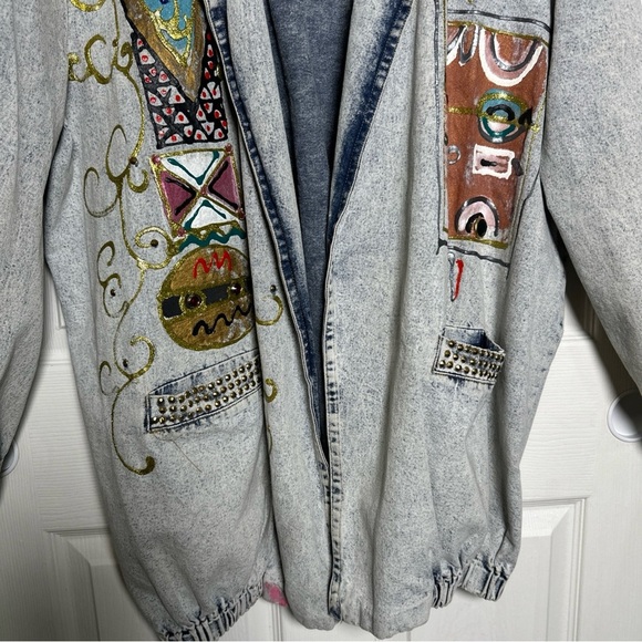 Vintage 80s Charle Casuals California Embellished Denim Jacket Acid 1980s Artsy - Picture 4 of 16